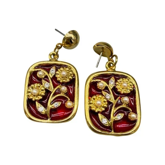 Earrings Dangle Floral Rhinestone Faux Pearls Enamel Asian Gold Tone - Picture 1 of 7